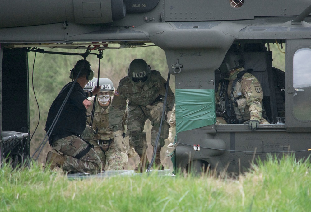 Air Assault class rappels from helicopters at Fort Indiantown Gap