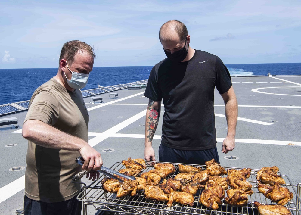 Tulsa has a cook out on the flight deck.