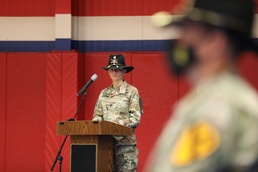 Lt. Col Katherine Leidenberg addresses those in attendance April 16 during the 553rd Division Sustainment Support Battalion conversion ceremony at Fort Hood.