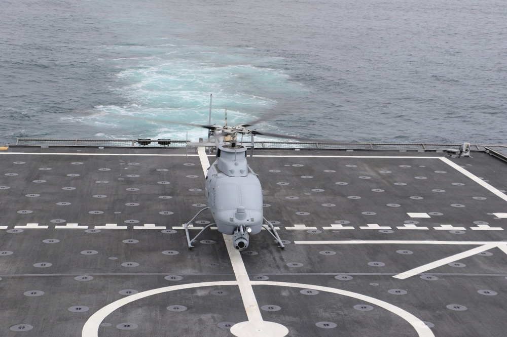 An MQ-8C Fire Scout unmanned aerial vehicle prepares for take-off aboard USS Jackson (LCS 6)