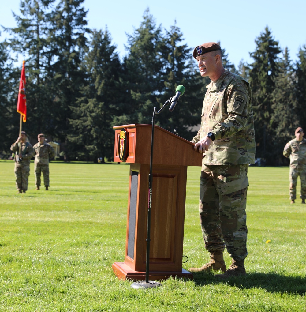 Brig. Gen. Curtis Taylor addresses a crowd of friend and colleagues at Watkins Field, JBLM