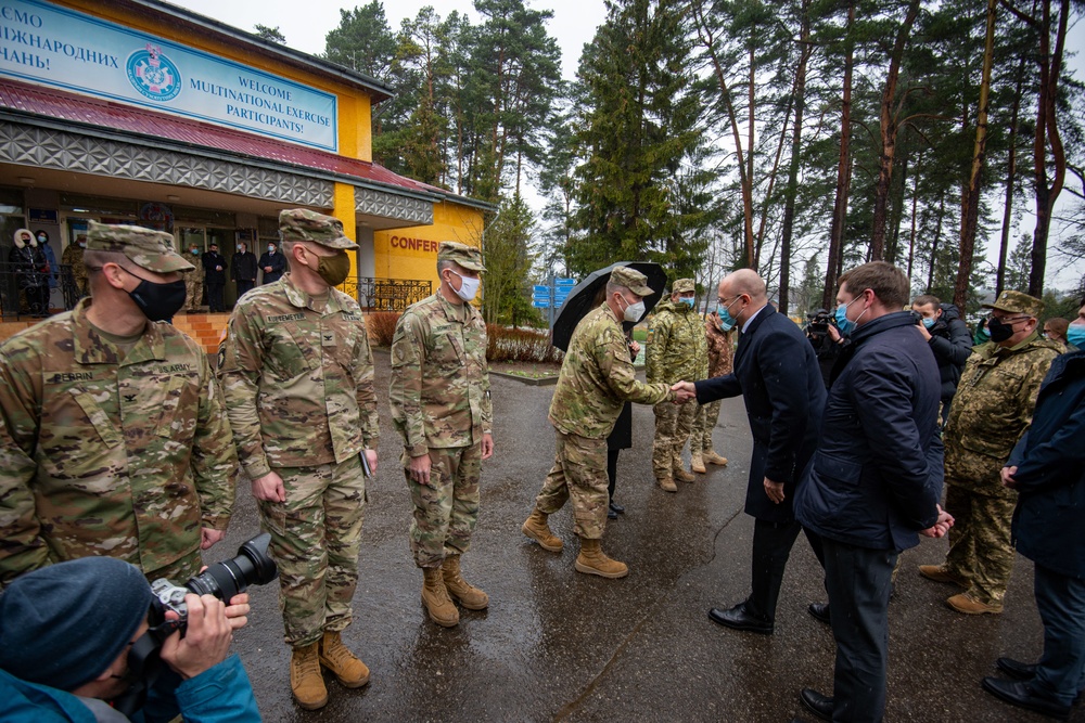 Brig. Gen. Christopher Norrie greets Ukraine Prime Minister Denys Shmyhal