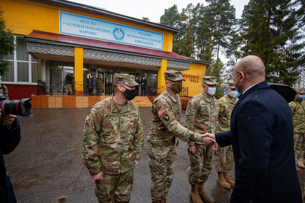 Col. Clayton Kuetemeyer greets Ukraine Prime Minister Denys Shmyhal