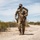 A U.S. Army soldier in full OCP (Operational Camouflage Pattern) uniform is conducting a ruck march along a desert dirt trail, carrying a large military rucksack. The arid landscape with saguaro cacti and desert scrub vegetation suggests a Southwestern U.S. location, likely Arizona. The soldier is wearing a black face mask, indicating this image was likely taken during the COVID-19 pandemic era.