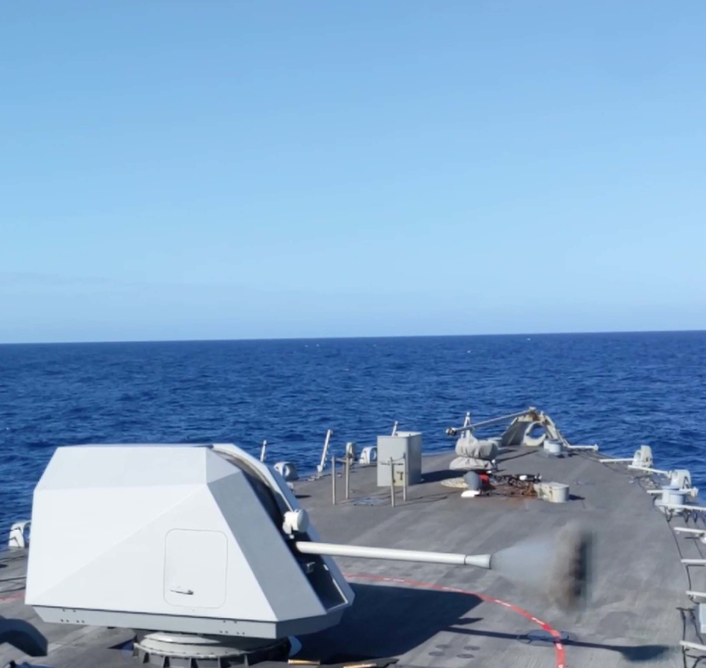 USS Wichita fires the 57mm MK 110 gun during a live-fire exercise