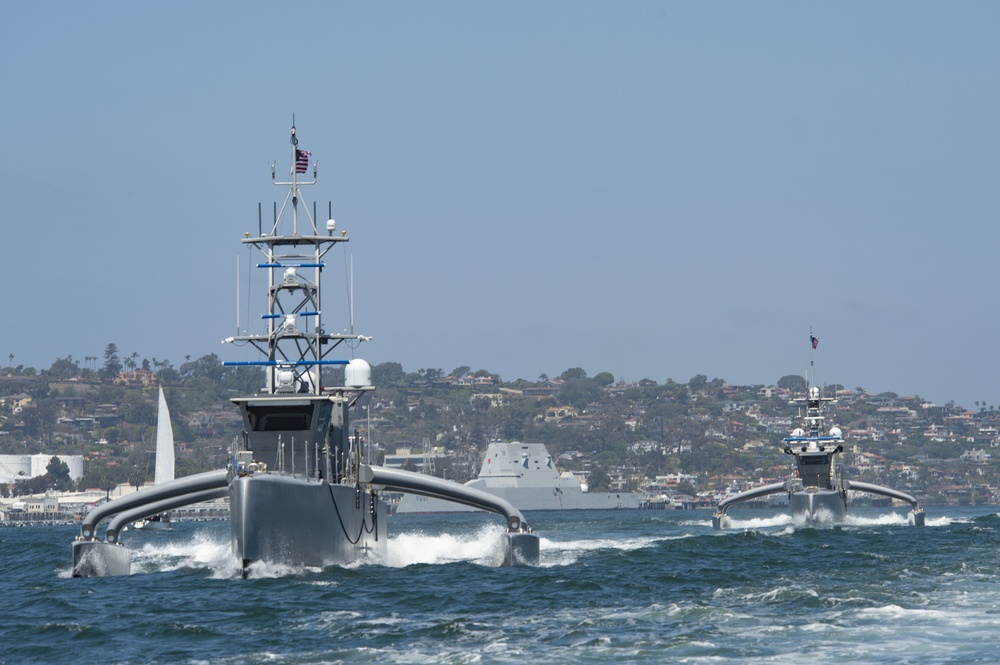Seahawk and Sea Hunter medium displacement unmanned surface vessels launch during UxS IBP 21