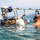 Joint Task Force-Bravo conducts overwater survival training The image shows what appears to be a water rescue or military training exercise in open ocean water. Three individuals are visible around a partially submerged metal cage-like frame structure, with one person wearing camouflage clothing and a blue helmet inside or beneath the frame. A bald man wearing swim goggles observes from the water nearby.