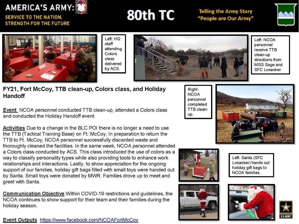 FY21, Fort McCoy, TTB clean-up, Colors class, and Holiday Handoff