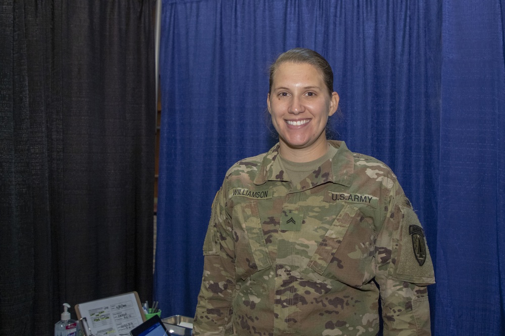 U.S. Army Cpl. Carly Williamson talks about her role at the Wisconsin Center Community Vaccination Center