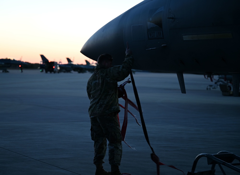 Crew chiefs work on aircraft during week two of Sentry Savannah 2021