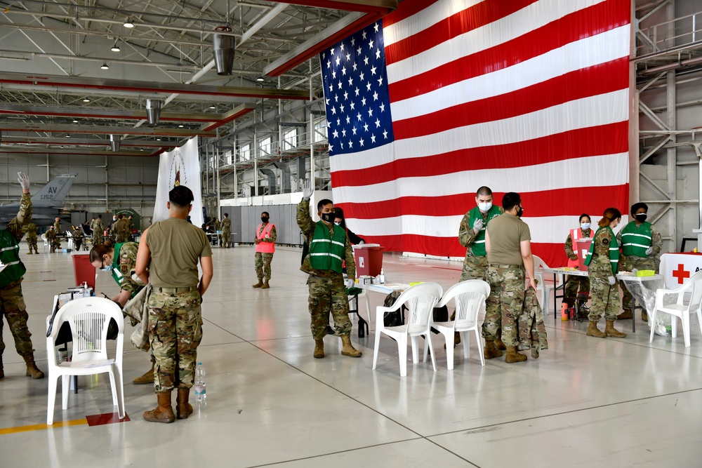 COVID-19 vaccine line at Hangar 1