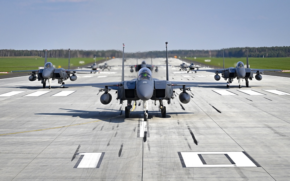 F-15s and F-16s line the runway during Agile Liberty