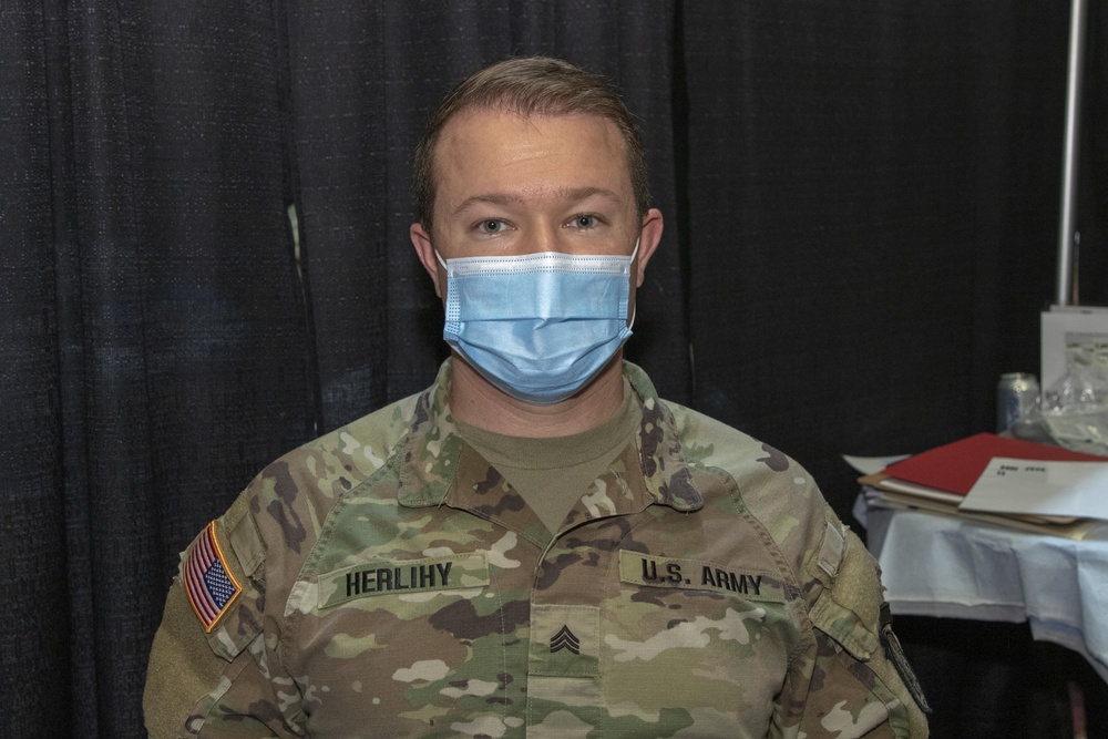 U.S. Army Sgt. Patrick Herlihy talks about his role at the Wisconsin Center Community Vaccination Center