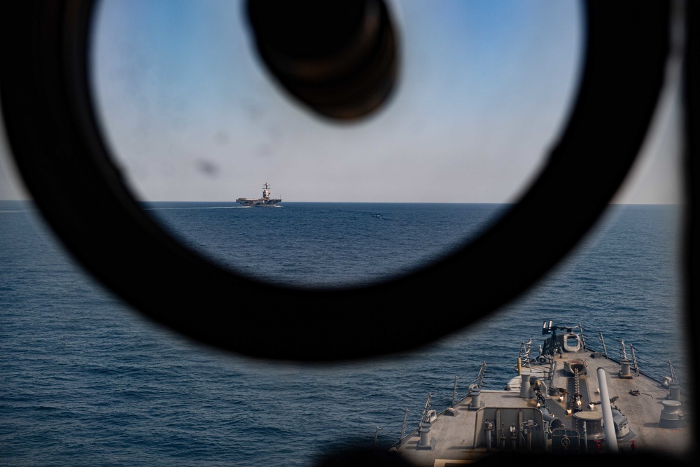 USS Winston S. Churchill (DDG 81) conducts horizon reference unit drills with the aircraft carrier USS Gerald R. Ford (CVN 78).