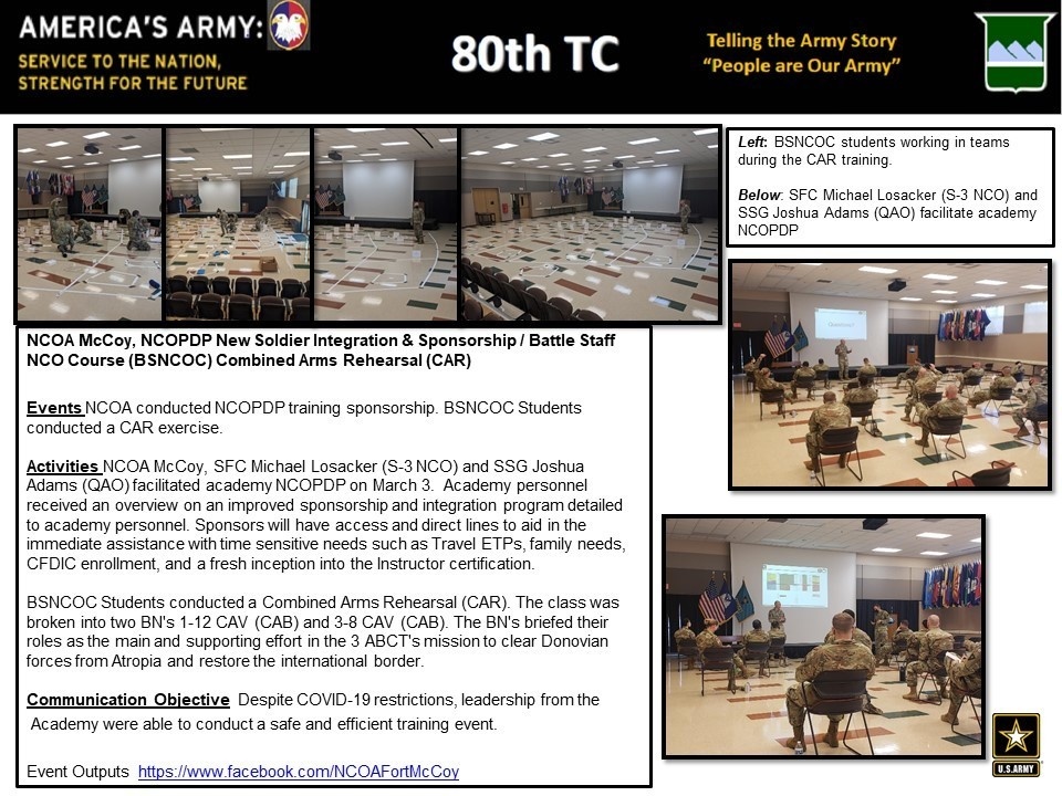 NCOA McCoy, NCOPDP New Soldier Integration &amp; Sponsorship / Battle Staff NCO Course (BSNCOC) Combined Arms Rehearsal (CAR)