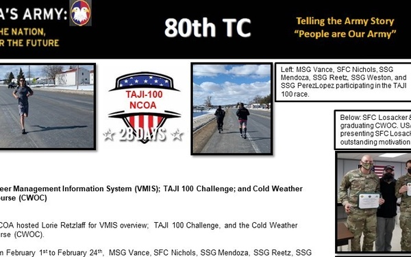 NCOA McCoy Army's Volunteer Management Information System (VMIS); TAJI 100 Challenge; and Cold Weather Operations Course (CWOC