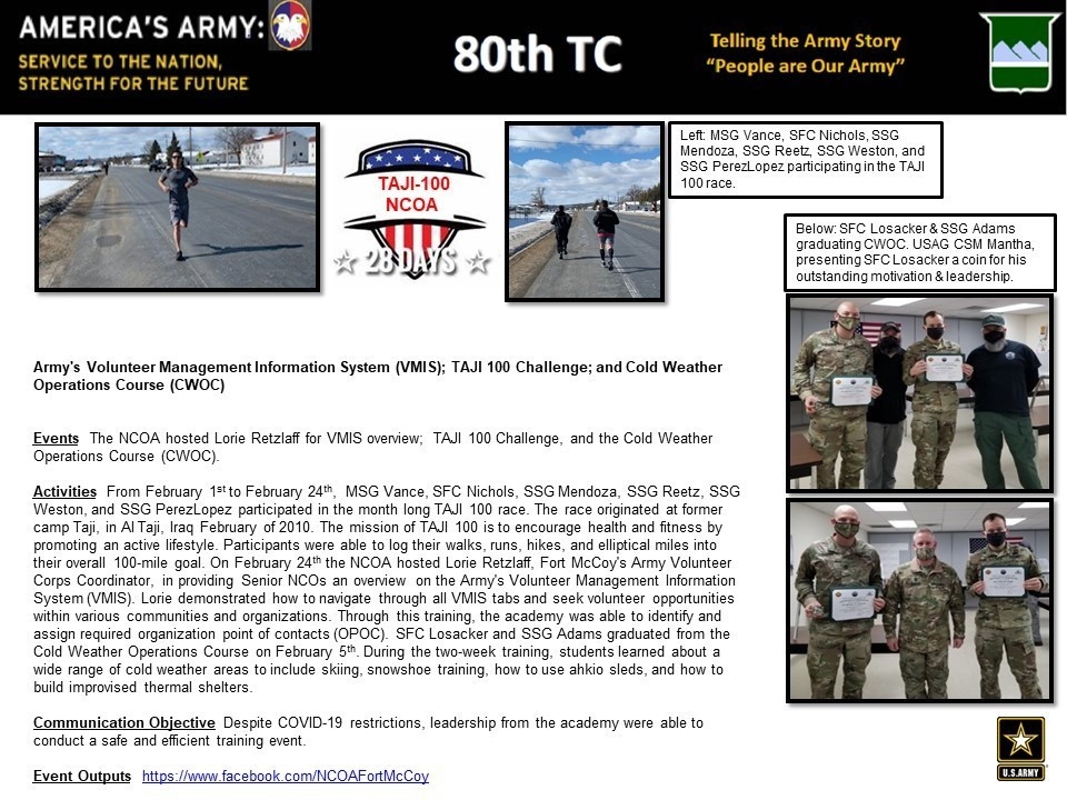 NCOA McCoy Army's Volunteer Management Information System (VMIS); TAJI 100 Challenge; and Cold Weather Operations Course (CWOC