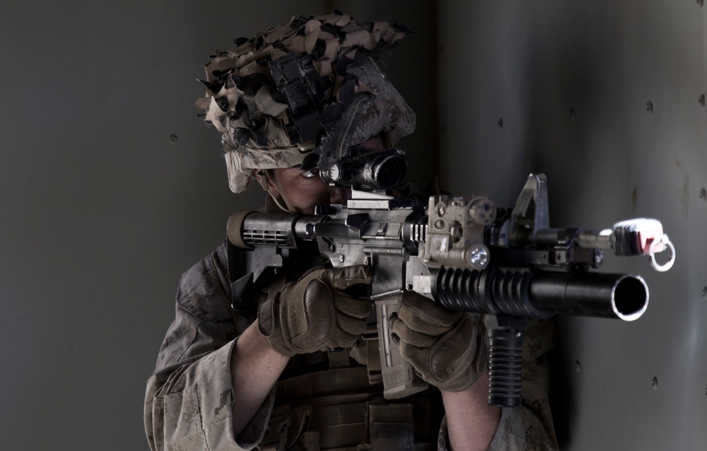 Marines with 3/7 clear buildings at the Combat Center