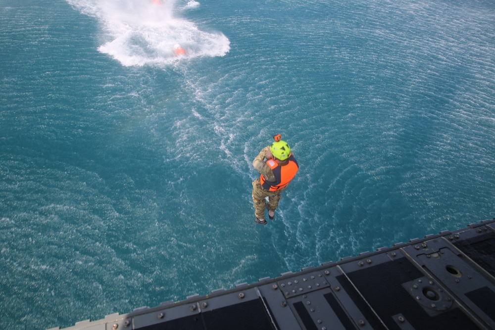 JTF-Bravo helocasts from CH-47 Chinook during overwater survival training