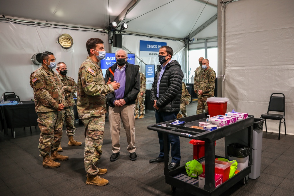 Jim Bland and Steven Herman, Civilian Aides to the Secretary of the Army visit the United Center COVID-19 Community Vaccination Center, Chicago