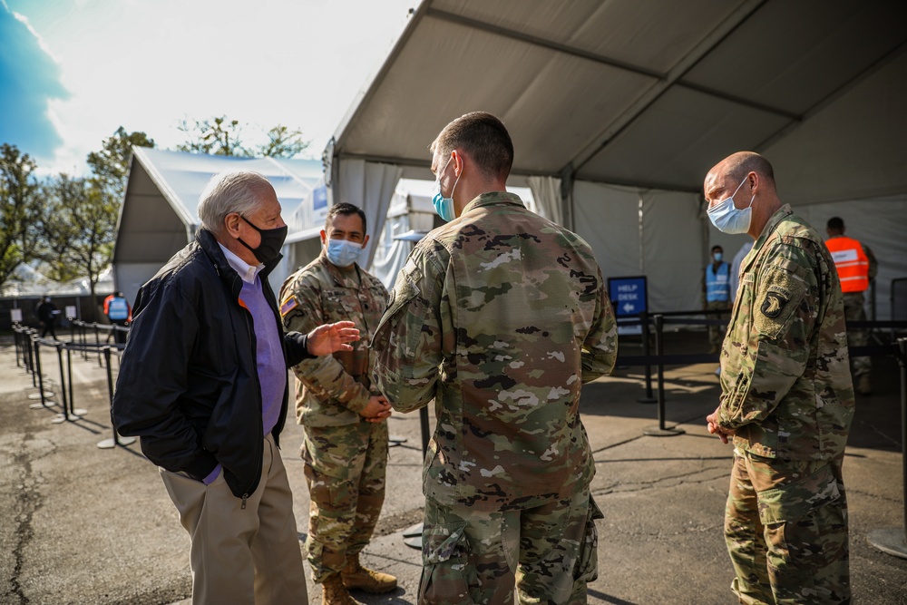 Jim Bland and Steven Herman, Civilian Aides to the Secretary of the Army visit the United Center COVID-19 Community Vaccination Center, Chicago