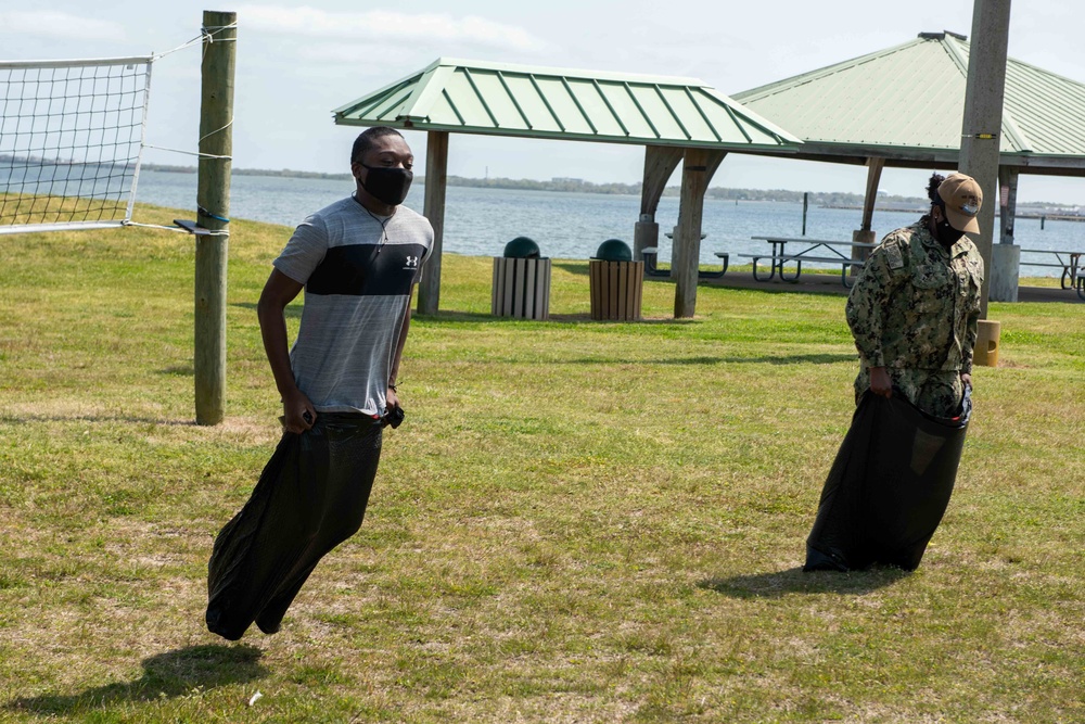 Sailors participate in a Morale, Welfare, and Recreation Easter celebration event