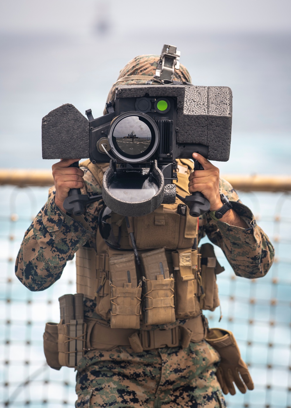 U.S. Marines aboard USS Pearl Harbor provide security during strait transit training