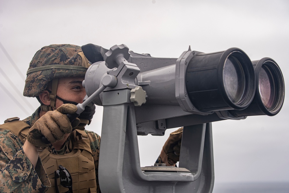 U.S. Marines aboard USS Pearl Harbor provide security during strait transit training