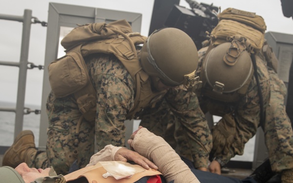 U.S. Marines aboard USS Pearl Harbor provide security during strait transit training
