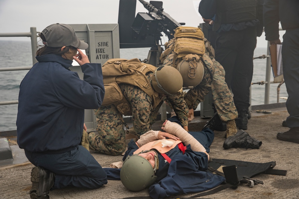 U.S. Marines aboard USS Pearl Harbor provide security during strait transit training