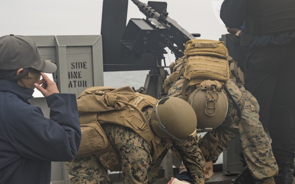 U.S. Marines aboard USS Pearl Harbor provide security during strait transit training