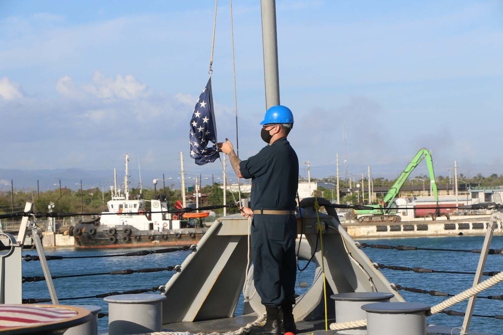 Sailor Assigned to USS Wichita (LCS 13) Shifts Colors as the Ship Pulls into Ponce, Puerto Rico