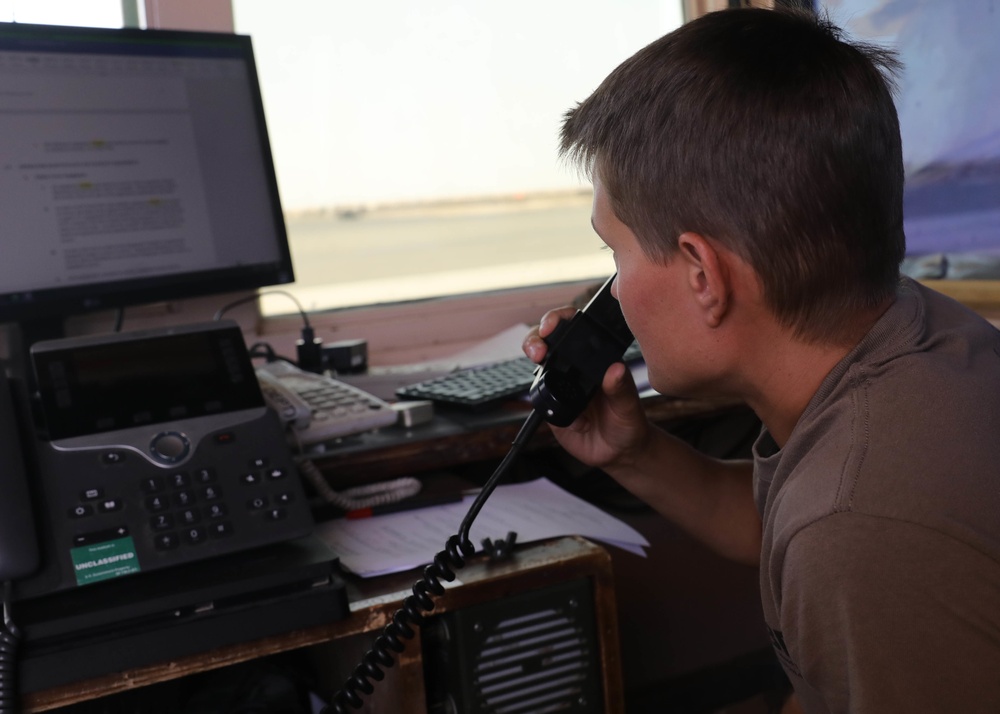 Guardsman staffs Camp Arifjan's Patton Field air tower control tower