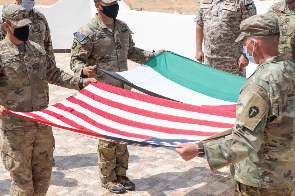 US Soldiers Prepare US - Jordan Flags for Exchange After Desert Warrior 21