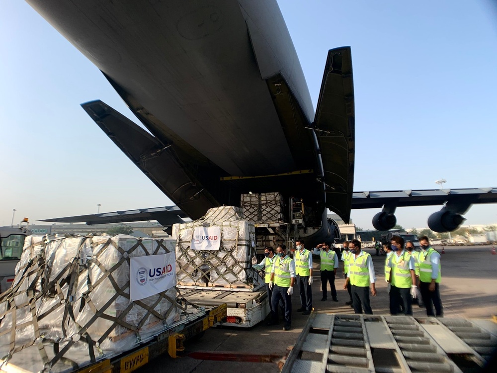 The fifth of several emergency COVID-19 relief shipments from the United States arrives in India.