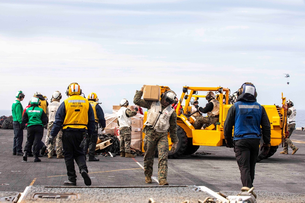 USS Iwo Jima Conducts RAS with USNS Supply and HMS Albion