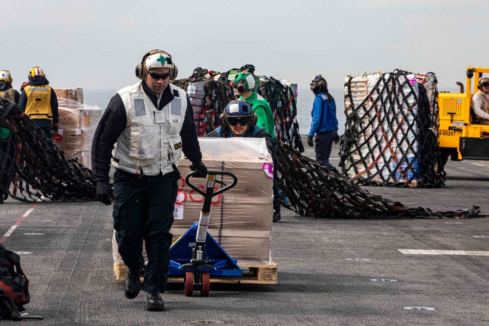 USS Iwo Jima Conducts RAS with USNS Supply and HMS Albion