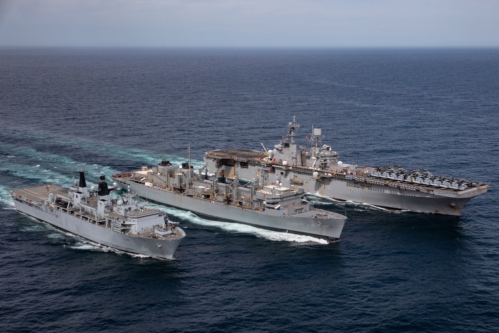USS Iwo Jima Conducts RAS with USNS Supply and HMS Albion