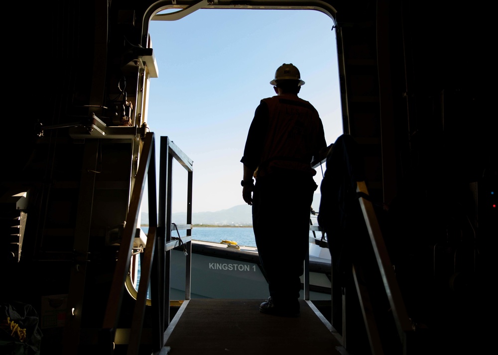 U.S. Navy Sailors Assigned to USS Sioux City Prepare to Receive the Harbor Pilot as the Ship Enters Kingston, Jamaica