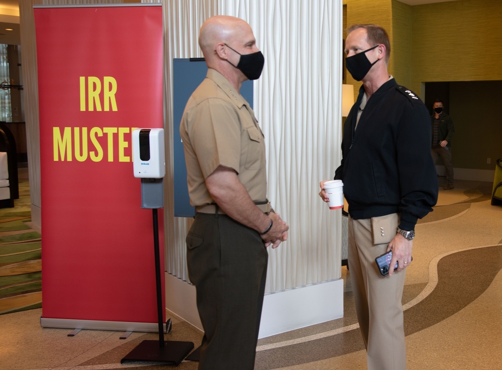 Chief of Navy Reserve talks with a Marine during Marine Reserve IRR muster