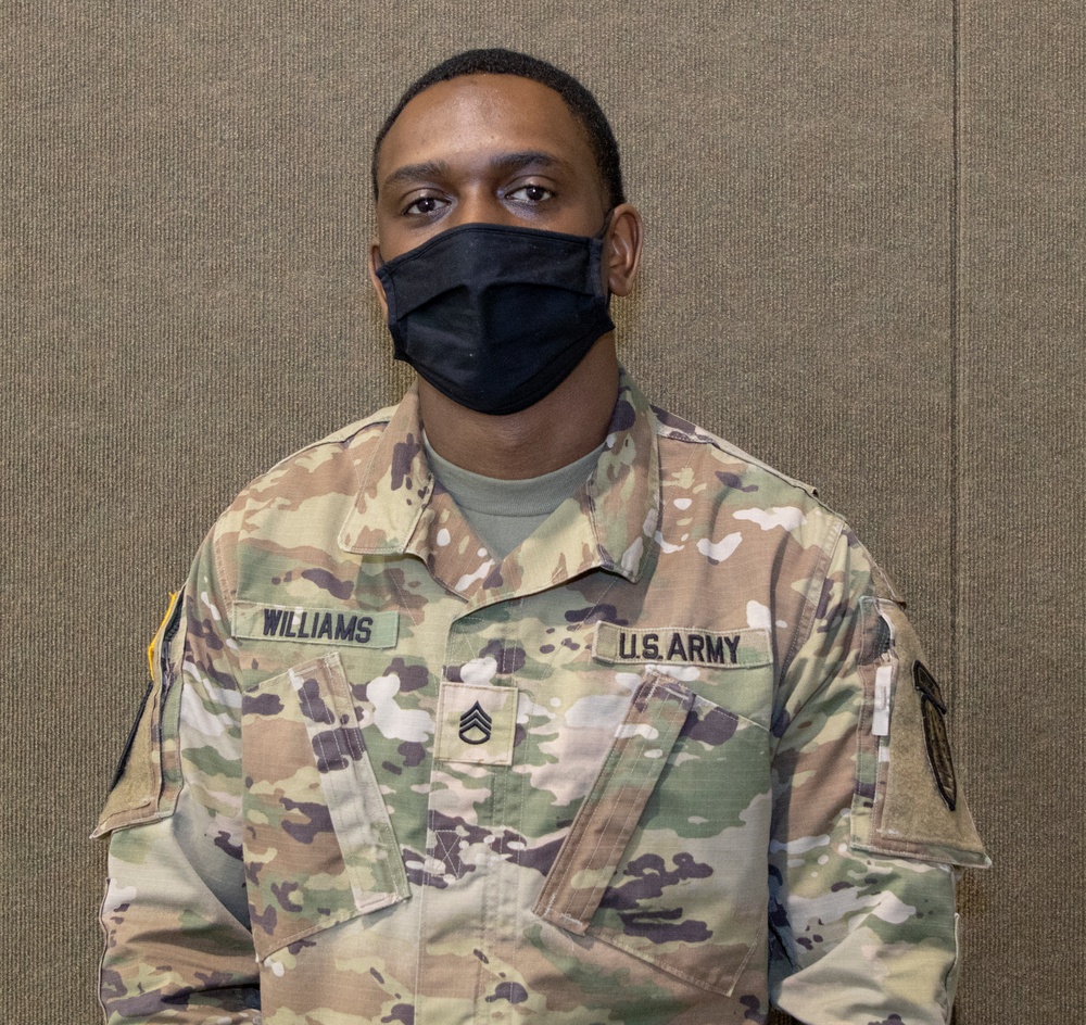 U.S. Army Staff Sgt. Jakeiba Williams talks about his role at the Wisconsin Center Community Vaccination Center