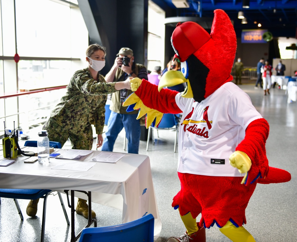 Fredbird visits the St. Louis Community Vaccination Center