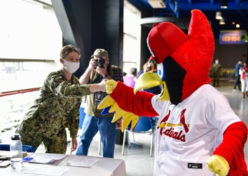 Fredbird visits the St. Louis Community Vaccination Center