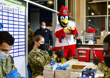 Fredbird visits the St. Louis Community Vaccination Center