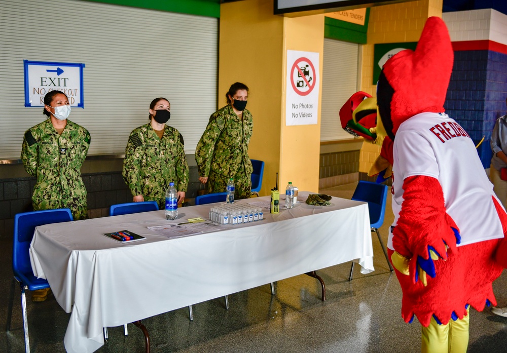 Fredbird visits the St. Louis Community Vaccination Center