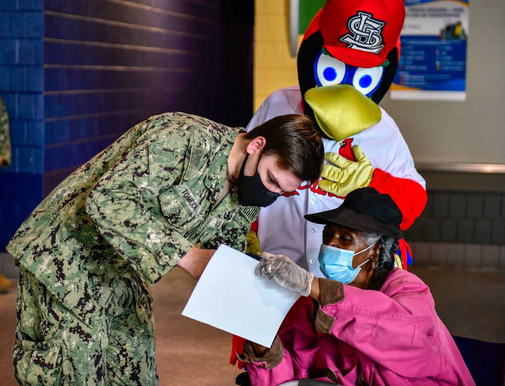 Fredbird visits the St. Louis Community Vaccination Center