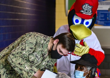 Fredbird visits the St. Louis Community Vaccination Center