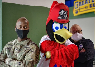 Fredbird visits the St. Louis Community Vaccination Center
