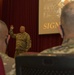 Brig. Gen. Jonathan C. Moyer, 335th Signal Theater Provisional commander, speaks to Task Force Spartan recipients of Signal Corps Bronze Order of Mercury