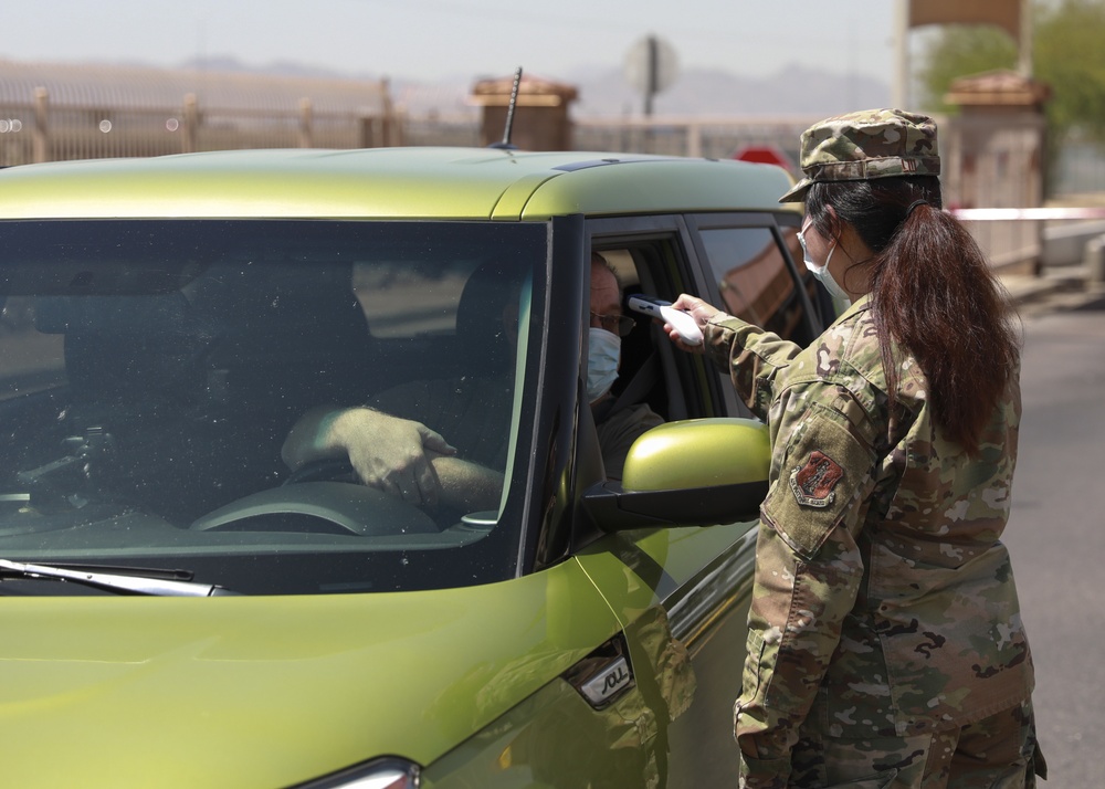 Arizona Air National Guard conduct temperature checks at Goldwater Air National Guard Base.